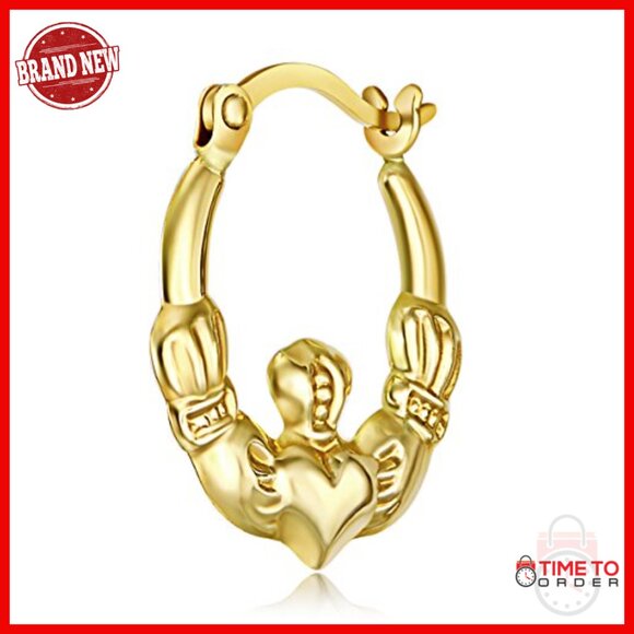 14K Yellow Gold Solid Silver Irish Claddagh Hoop Earrings 14K Yellow Gold Polished Fancy Claddagh Hoop Earrings 12mm
